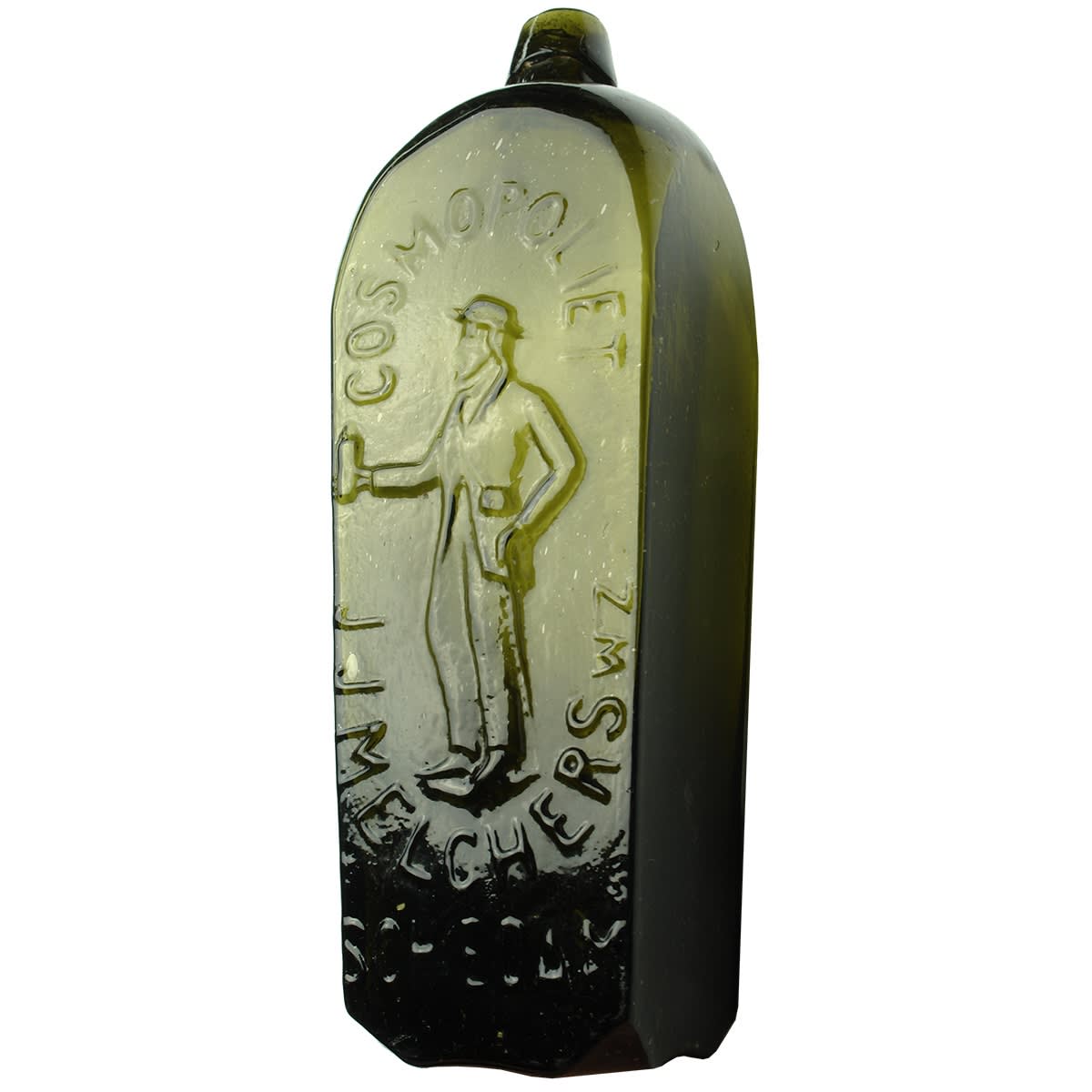 Gin. J. J. Melchers, Schiedam, Cosmopoliet, "Man Gin". Black. Quart. (Netherlands)