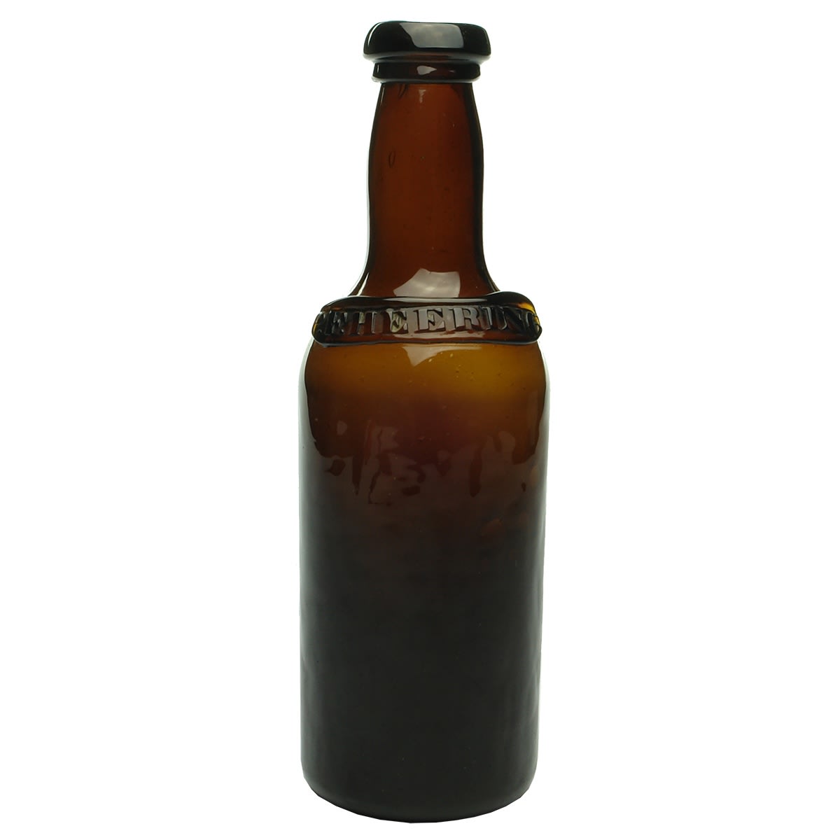 Ribbon Seal Liqueur. P. F. Heering. Wide pontil scar to base. Amber. Small size. 10 oz.