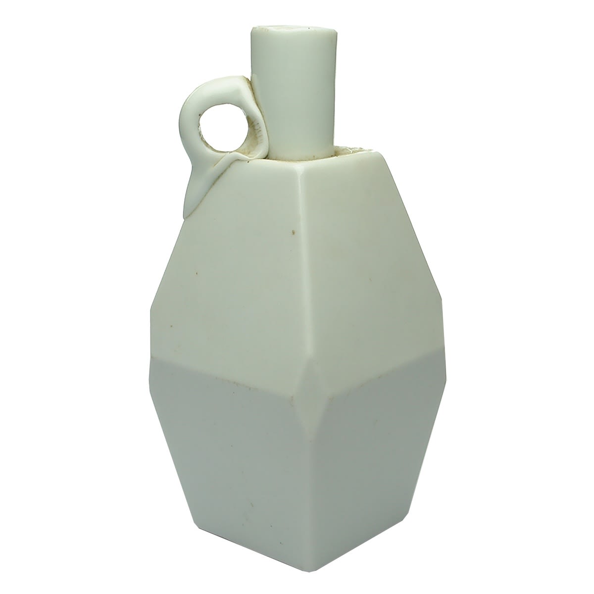 Spirits. Milk glass handled square bulged flask.