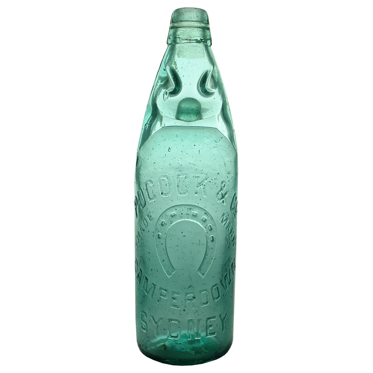 Codd. Pocock & Co., Camperdown, Sydney. Horseshoe. J. Madden maker. Niagara type. Aqua. 26 oz. (New South Wales)