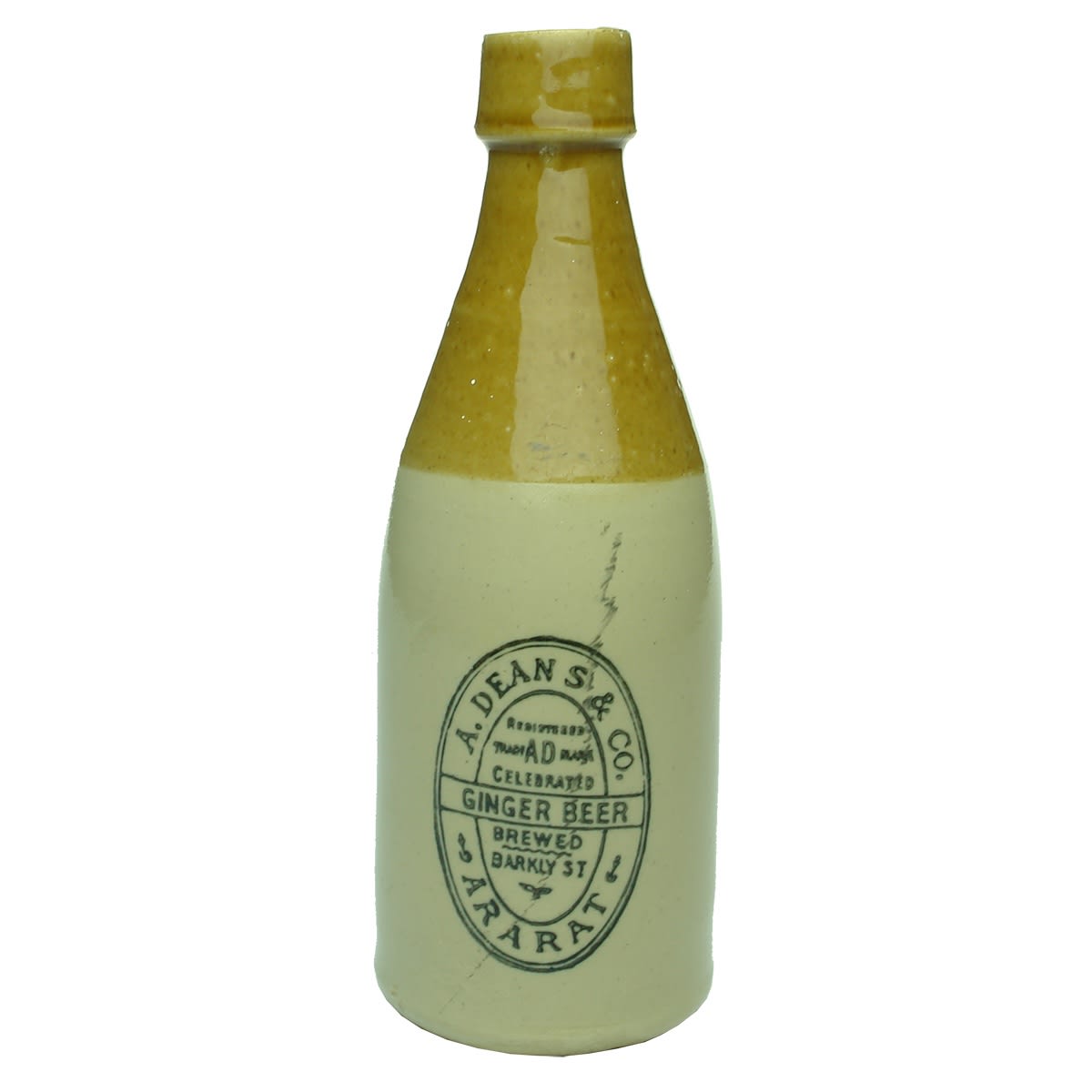 Ginger Beer. A. Deans & Co., Barkly St., Ararat. Impressed B. Unusual glaze and sharp print. (Victoria)