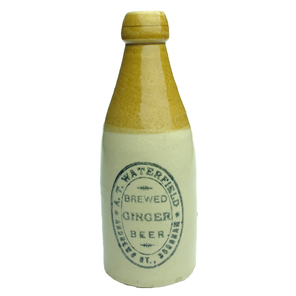 Ginger Beer. A. T. Waterfield, Andrews St., Horsham. Bendigo Pottery. Champagne. Blob top. (Victoria)