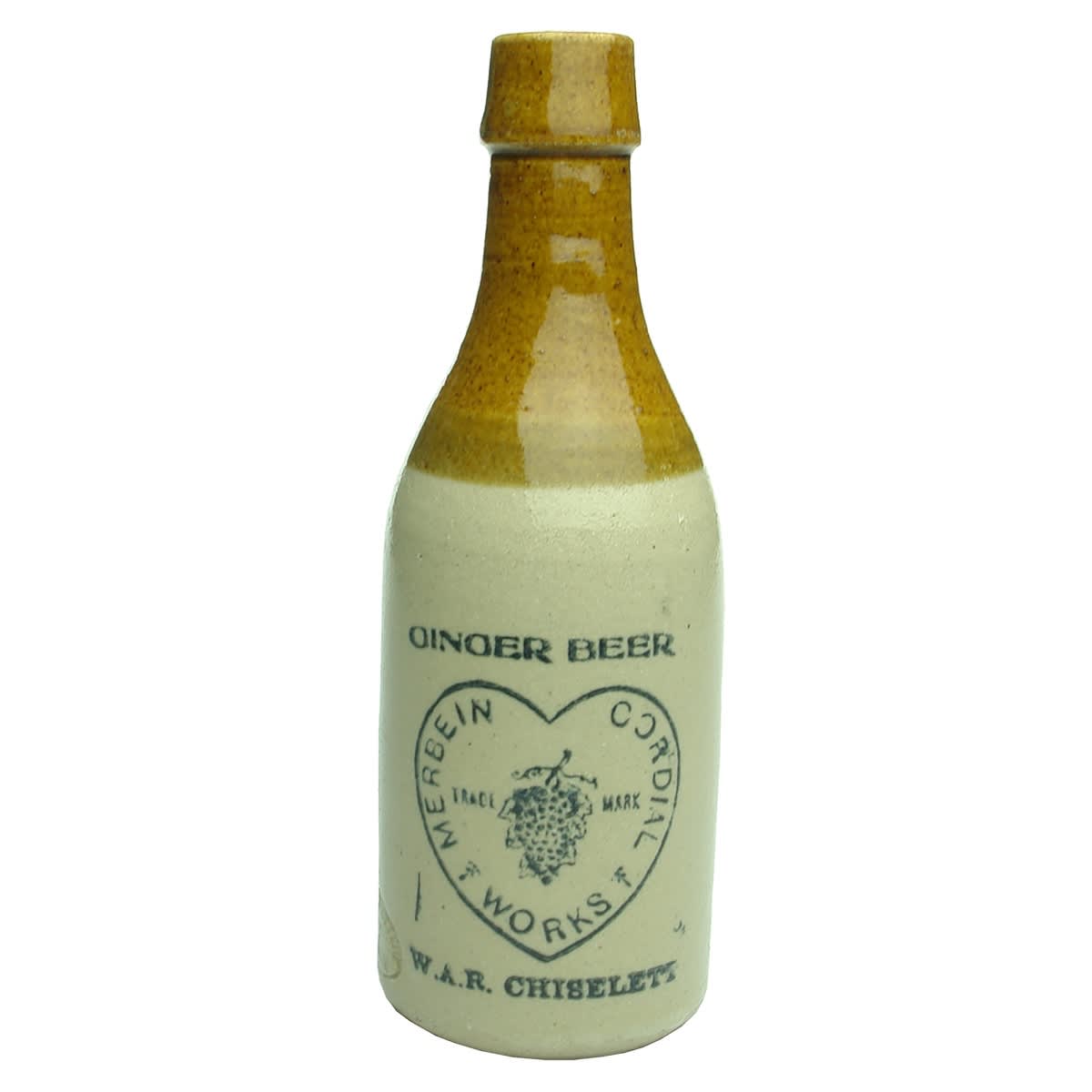 Ginger Beer. W. A. R. Chiselett, Merbein Cordial Works. Grapes. Bendigo Pottery. Champagne. Cork Top. (Victoria)