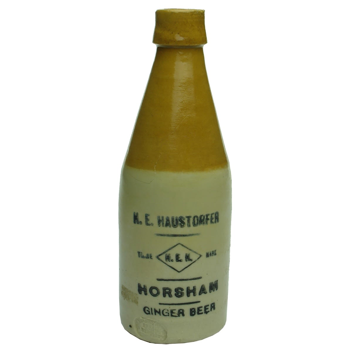 Ginger Beer. H. E. Haustorfer, Horsham. Bendigo Pottery. Repaired. (Victoria)