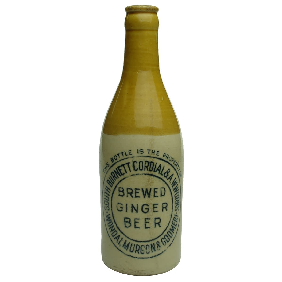 Crown Seal Ginger Beer. South Burnett Cordial & A. W. Works. Wondai, Murgon & Goomeri. Govancroft pottery. Tan top. (Queensland)