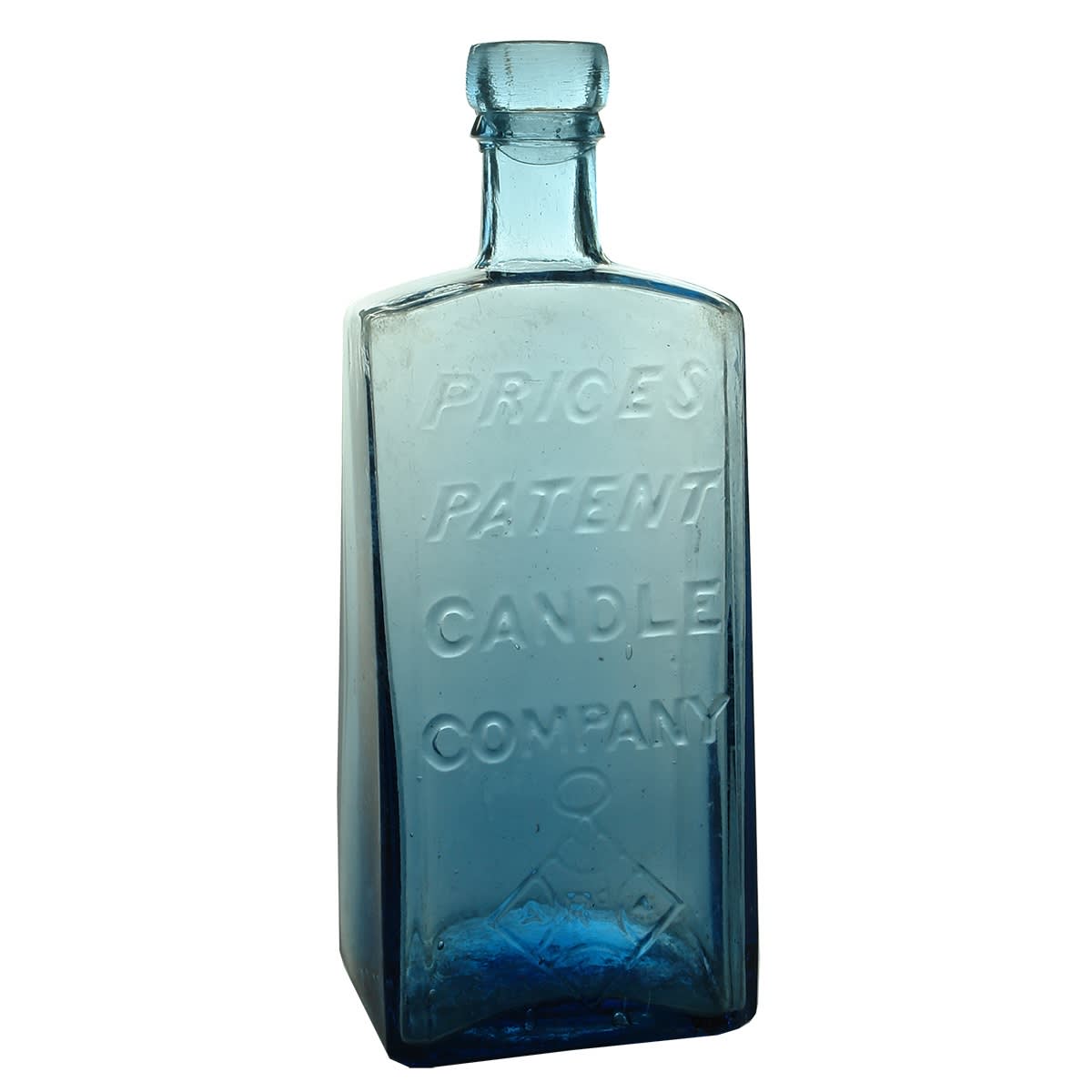 Paraffin Oil Bottle. Prices Patent Candle Company. British Registration Diamond (1853). Ice blue. Wide pontil scar to base.