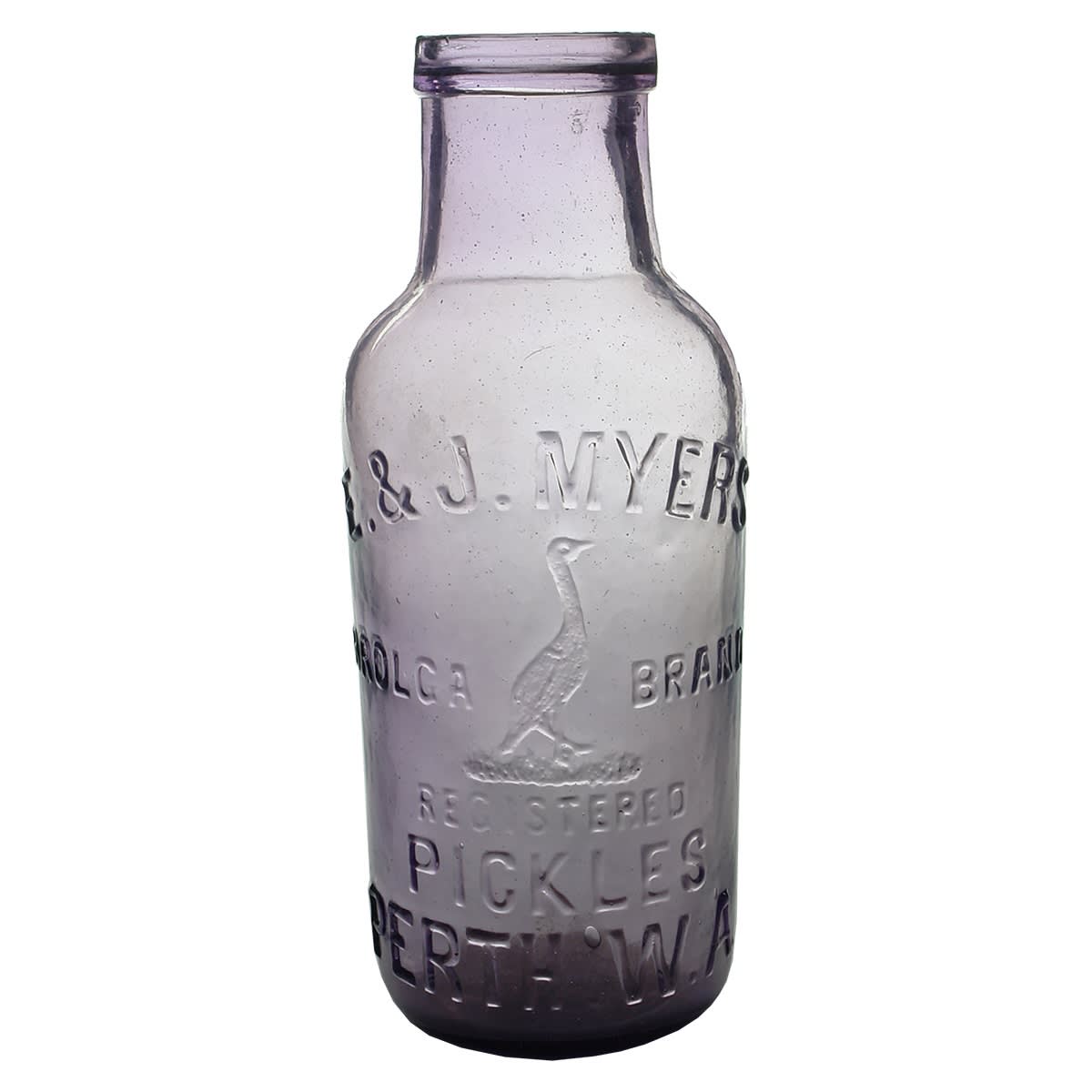 Pickle. E. & J. Myers, Brolga Brand, Perth. Amethyst. 1 Pint. (Western Australia) (Late Kingsley Durdin collection)