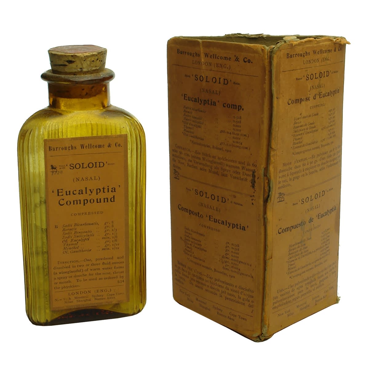 Eucalyptus. Boxed and Labelled Eucalyptia Compound. Soloid. Burroughs Wellcome & Co. Compressed Tablets. Mid amber bottle. Large size. Box 157 mm tall.