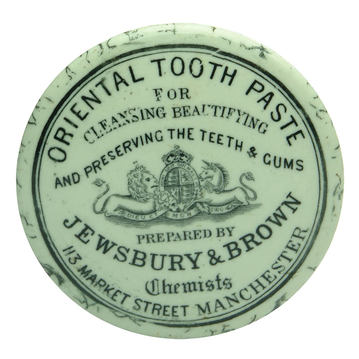 Pot Lid & Base. Jewsbury & Brown, Oriental Tooth Paste, 113 Market Street, Manchester. Patterned lid and base.