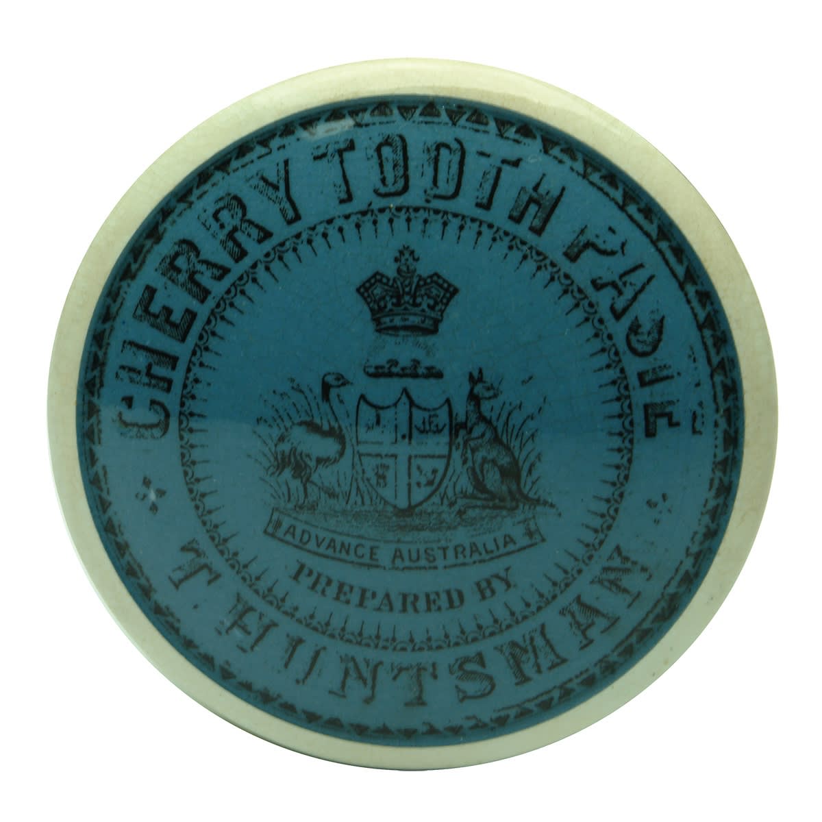 Pot Lid. T. Huntsman, Cherry Tooth Paste. Advance Australia. Unofficial Australian Coat of Arms. (Fitzroy, Victoria)