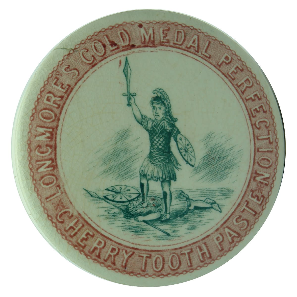 Pot Lid. Longmore's Gold Medal Perfection Cherry Tooth Paste. "Gladiator". Red and green print. (Melbourne, Victoria)