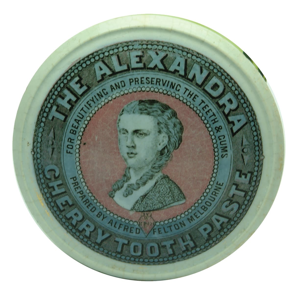 Pot Lid. The Alexandra Cherry Tooth Paste. Alfred Felton Melbourne. Registration Diamond 1865. Blue border. Pink centre circle. (Victoria)