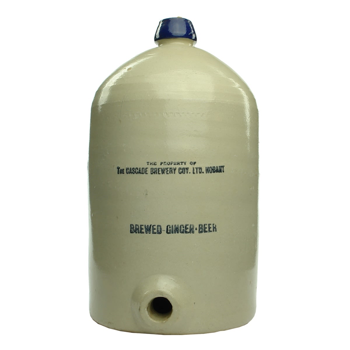 Demijohn. The Cascade Brewery Coy. Ltd., Hobart. Bendigo Pottery. Blue Lip. Handled. 2 Gallon. (Tasmania)