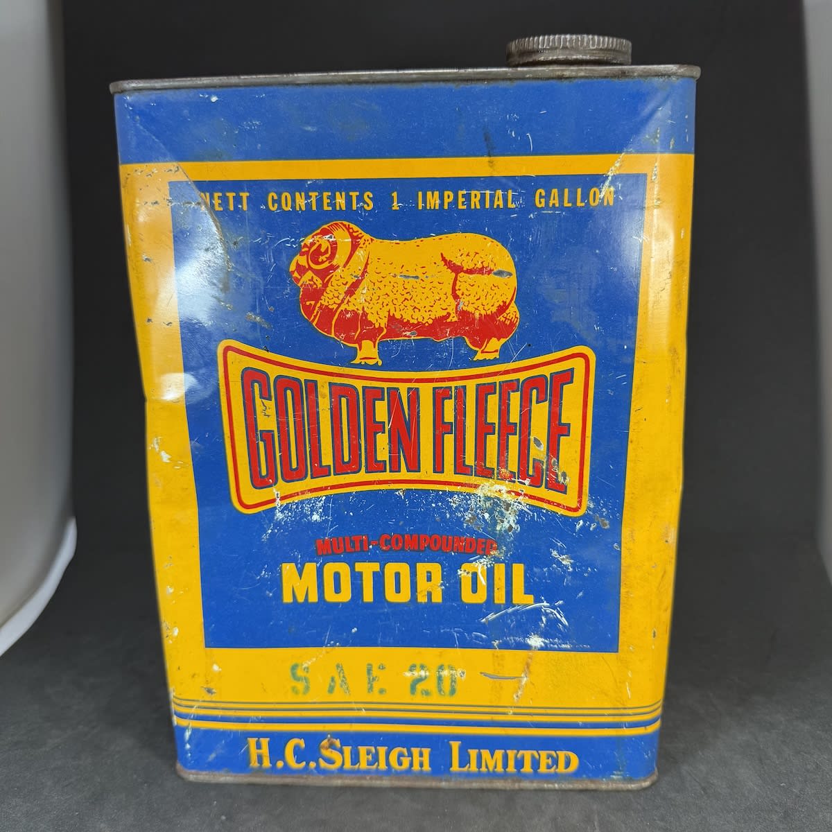 Oil Tin. Golden Fleece Multi-Compounded Motor Oil. SAE 20. H. C. Sleigh Limited. 1 Imperial Gallon.