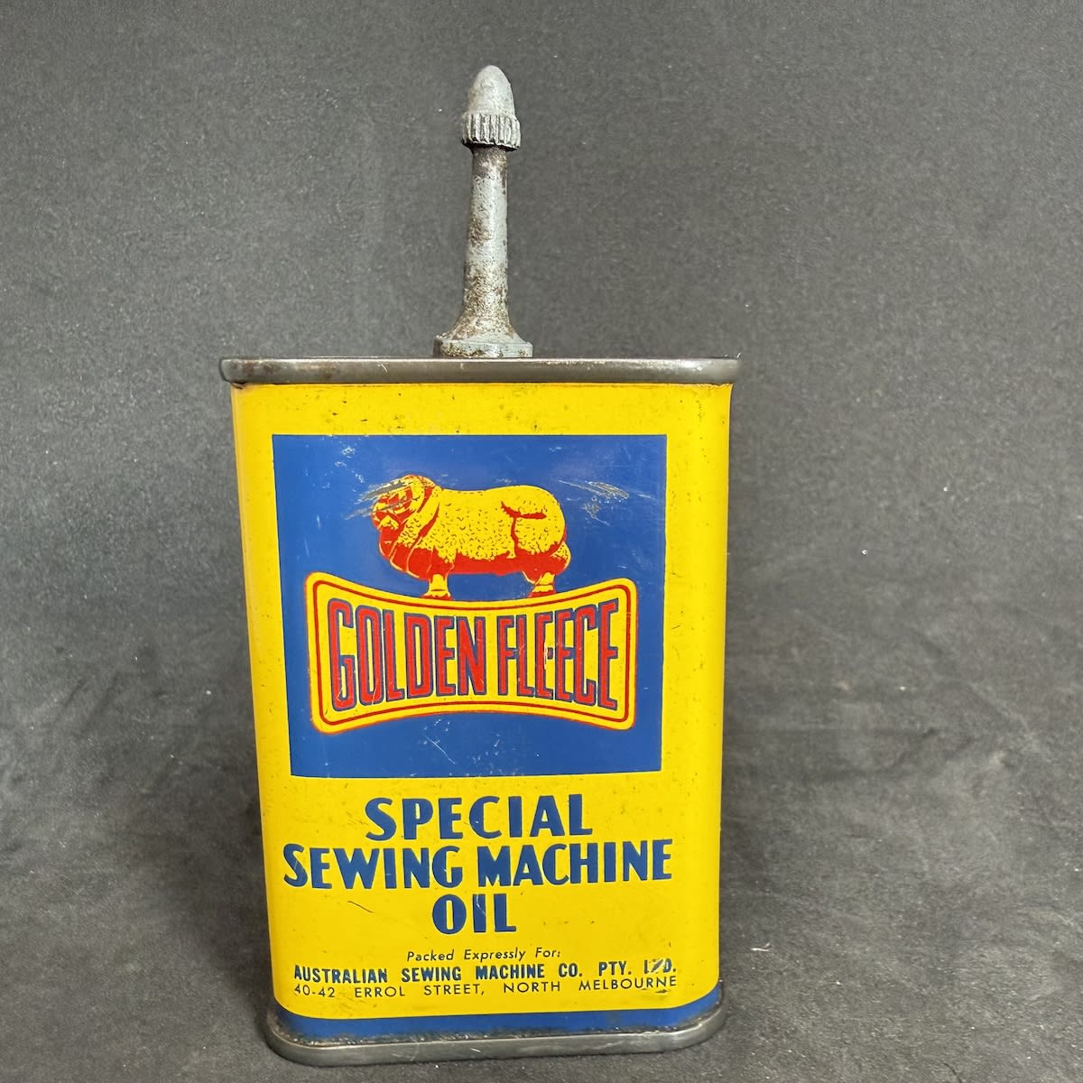 Garagenalia. Golden Fleece Special Sewing Machine Oil Tin, Ward Bros. Sewing Machines, North Melbourne. 4 oz. (Victoria)