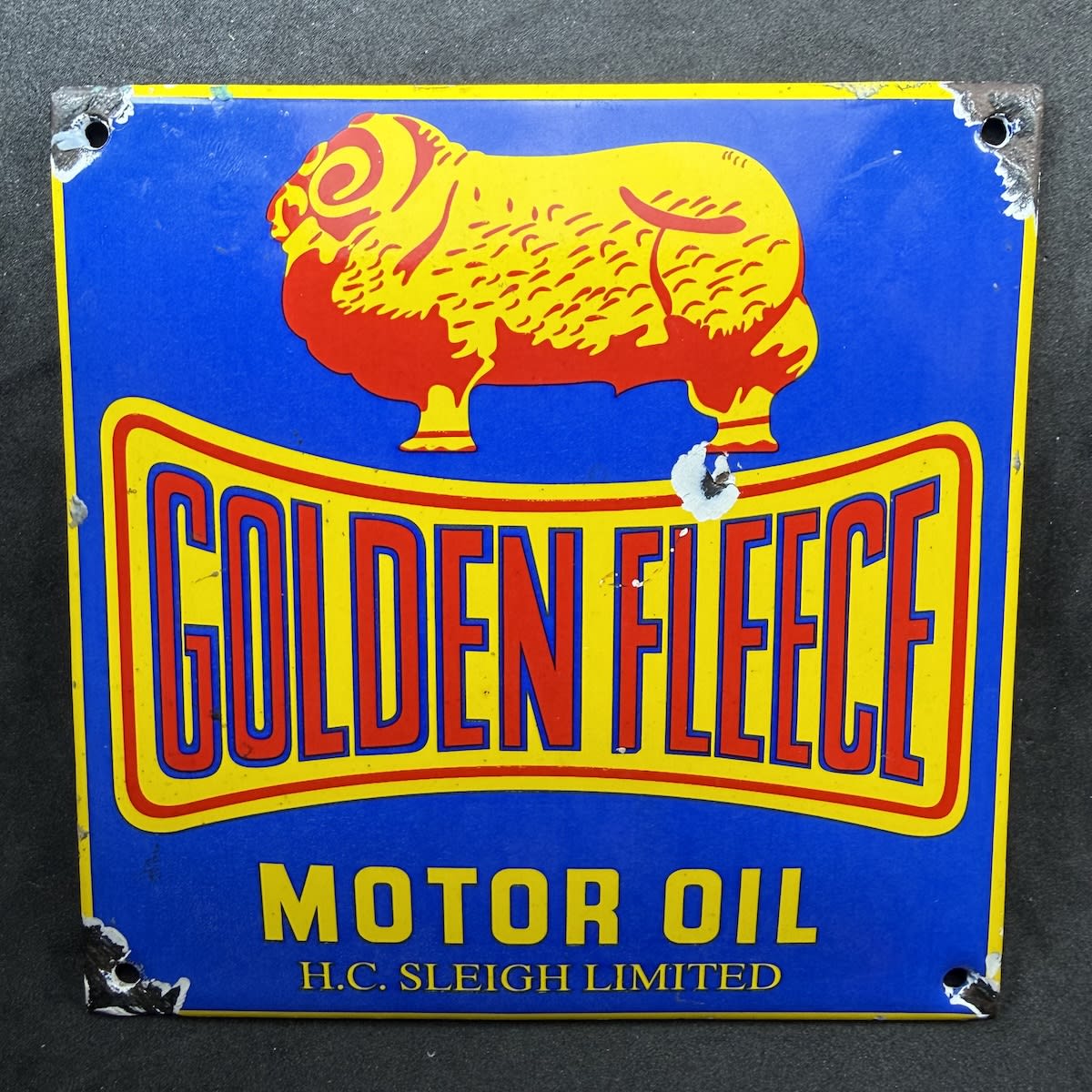 Little square enamel sign. Golden Fleece Motor Oil. H. C. Sleigh Limited. Modern production.