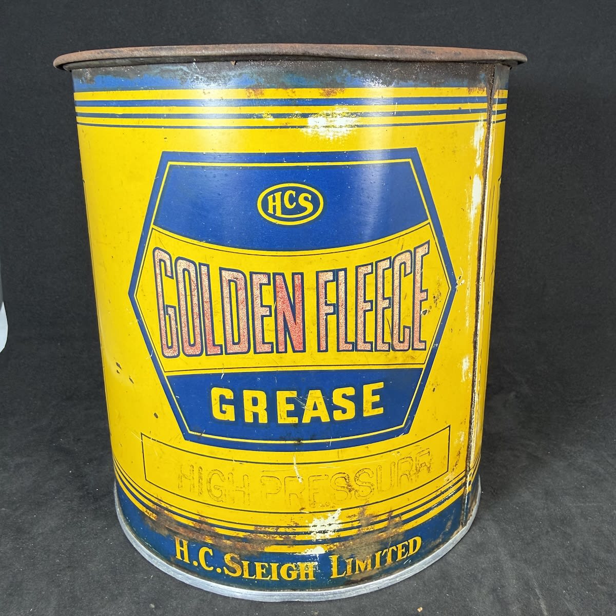 Large Grease Tin. Golden Fleece Hex. High Pressure Grease. H. C. Sleigh Limited. 5 lbs.