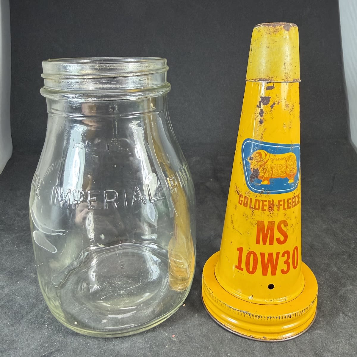 Tin Oil Pourer and glass bottle. Golden Fleece MS 10W30. Generic Imperial Pint bottle.