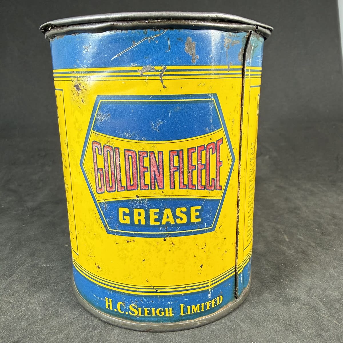 Golden Fleece Grease Tin. H. C. Sleigh Limited. Hex design. Dominion Can Melbourne.