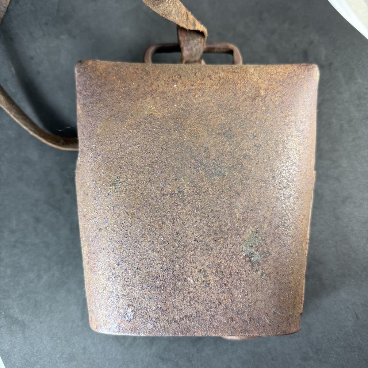 Huge Cow Bell. Bullock Bell. Condamine Bell style. With clapper. Leather strap. 208 mm tall, 125 mm across the bottom opening.