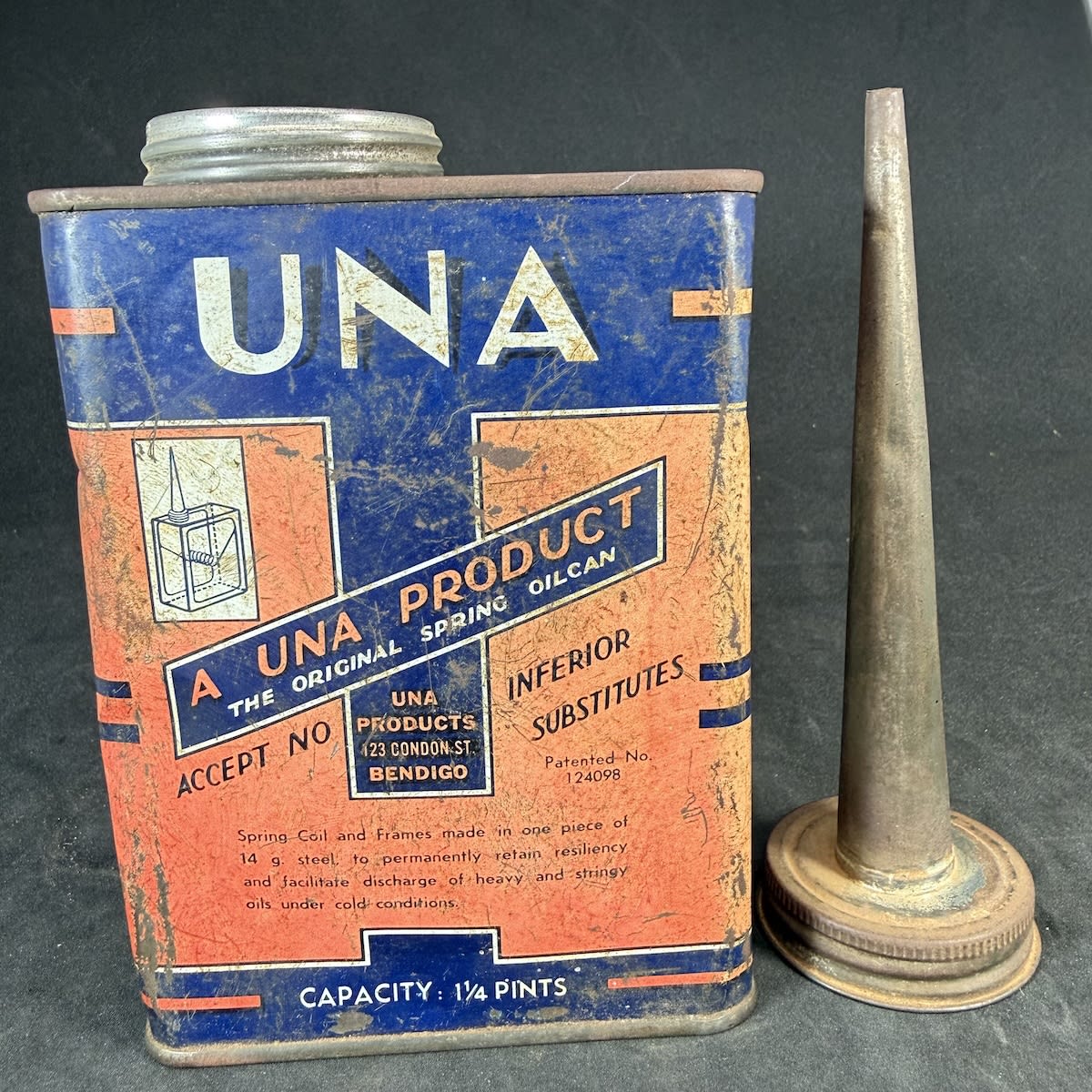 Oil Tin. UNA. A Una Product, the original spring oil can. Una Products 123 Condon St., Bendigo. Designed by a Farmer for the Farmer's Use. (Victoria)