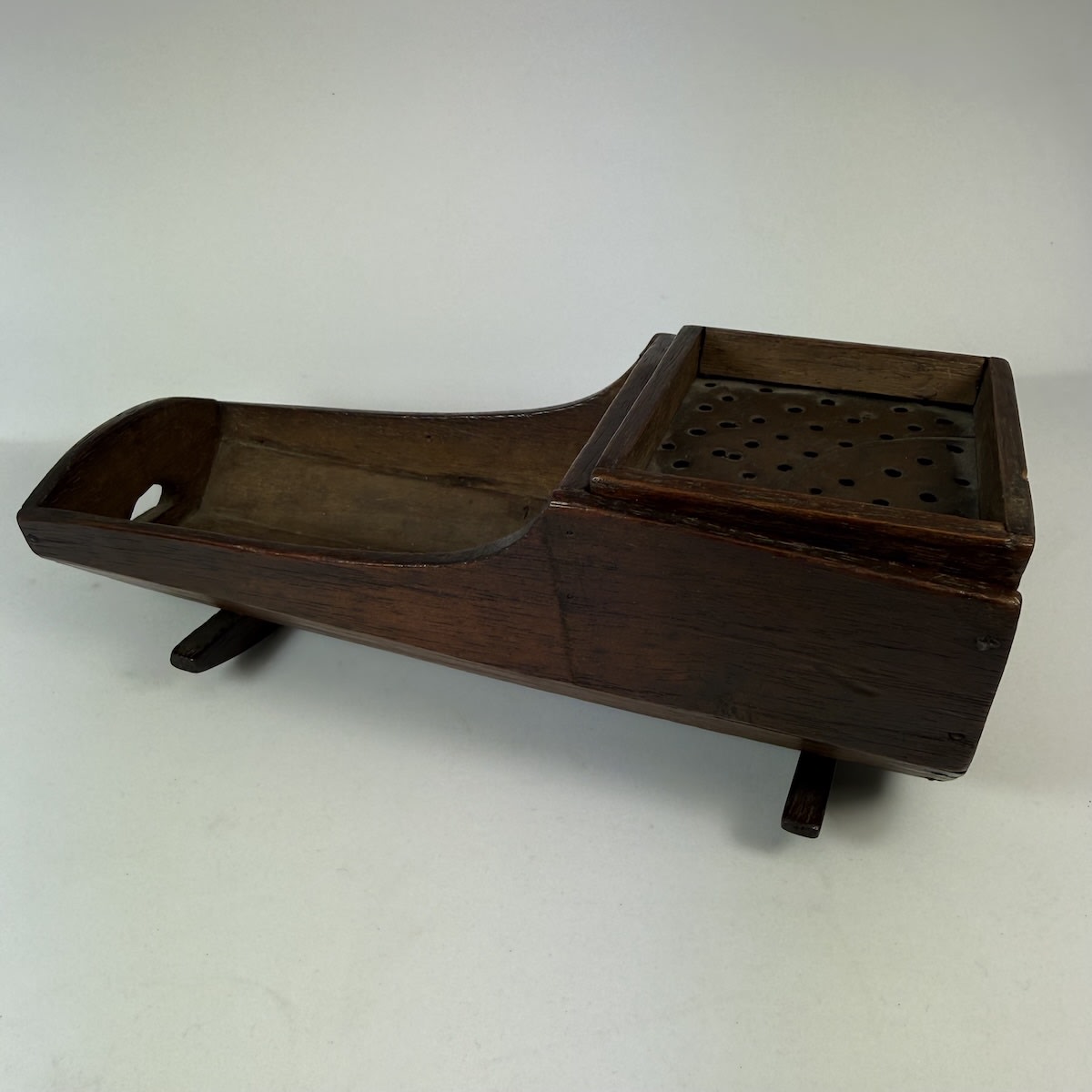 Mini sized or Toy Miners Cradle. Folk Art type piece. Metal sieve made from a zinc can or similar. Light timber construction. 181 mm long.