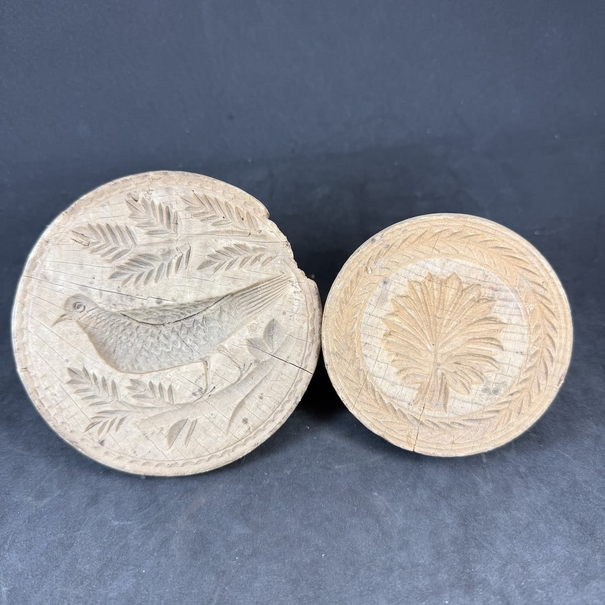 2 Wooden Butter Stamps: Bird on a branch and a small bush or tree.