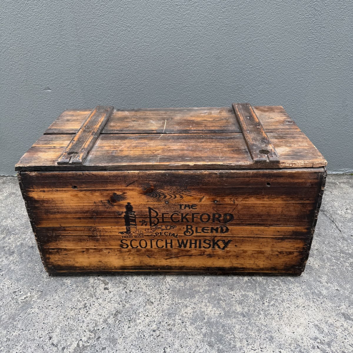 Large Wooden Box. Branded on four sides for the Beckford Blend Special Scotch Whisky with a Tower trade mark. (Too big for Auspost, Other arrangements will have to be made by the buyer).