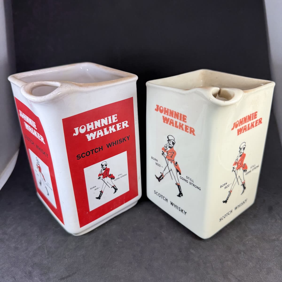 2 Australian made Johnnie Walker Whisky advertising Whisky Water Jugs. Elischer and Huntley ware.