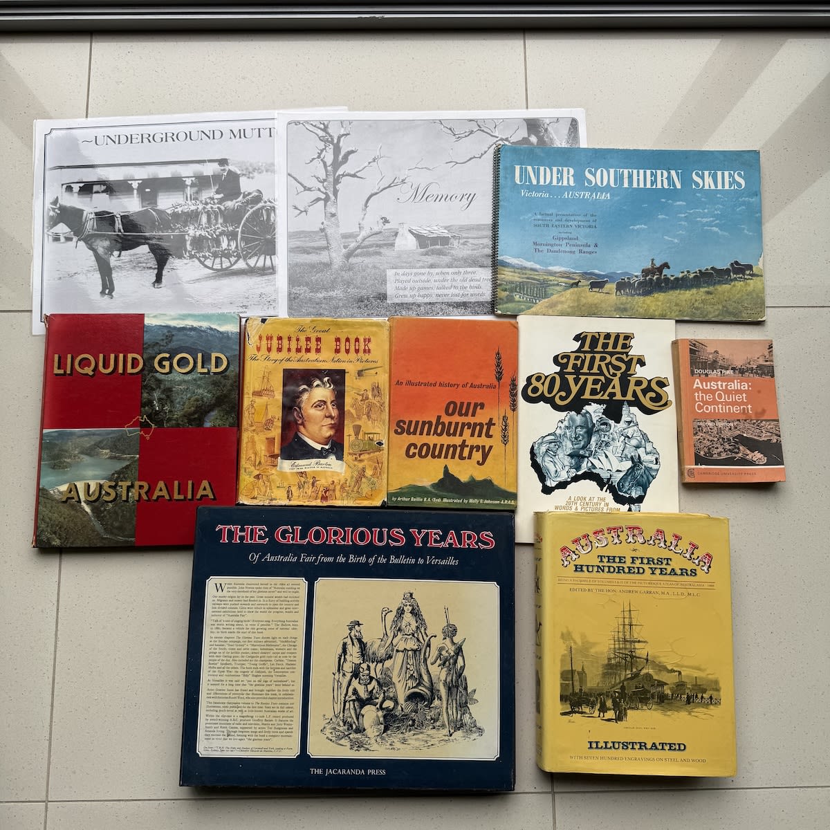 8 Australian History and Promotional Books plus two laminated prints. Under Southern Skies Sunburnt Country Liquid Gold The Glorious Years The First 100 Years and more.