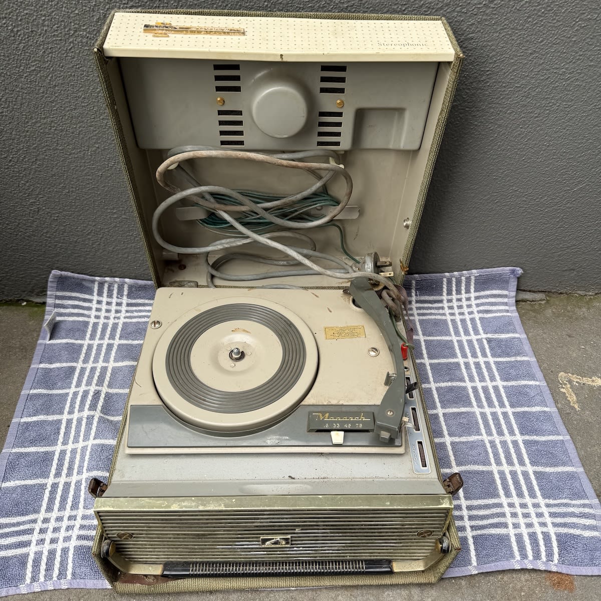 Portable Record Player. HMV. His Masters Voice. Malibu. Monarch.
