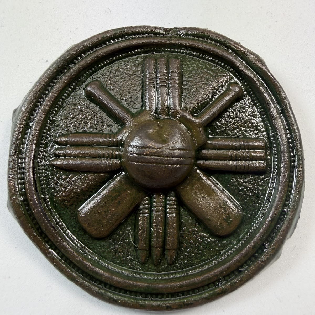 Cricket Belt Buckle / Sash Buckle. Ball on top of Crossed Bats and Stumps. Round buckle.