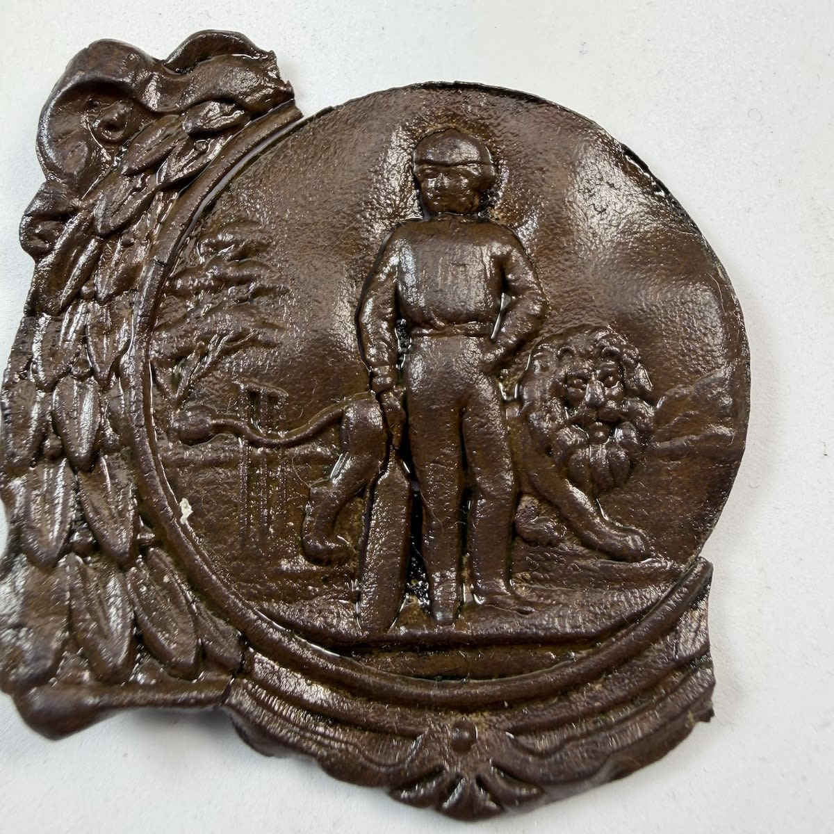 Cricket Belt Buckle / Sash Buckle. Batsman standing with a Lion behind him. Stumps and a Tree.