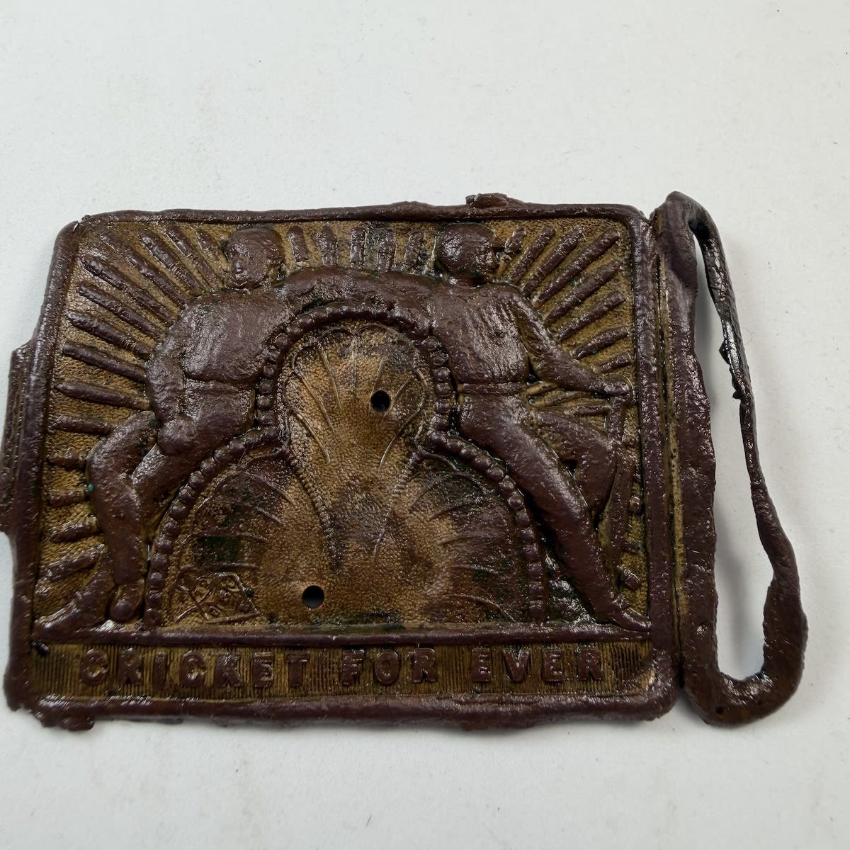 Cricket Belt Buckle / Sash Buckle. Cricket for Ever. Batsman and Bowler sitting either side of a throne like middle. Has been an extra pinned piece in between but that is missing.