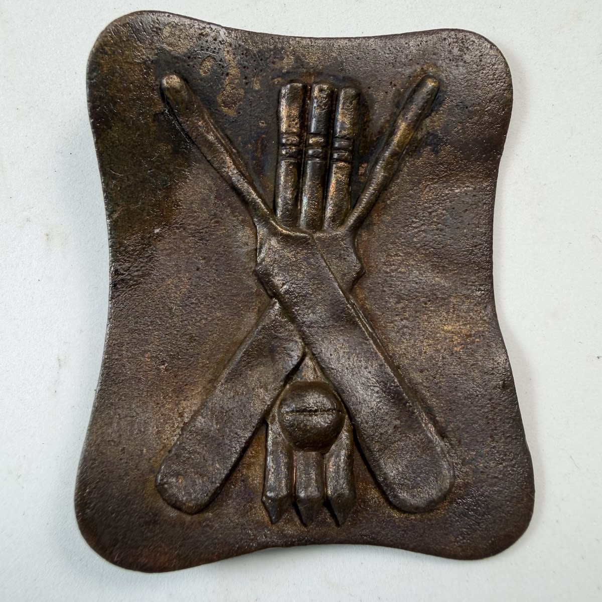 Cricket Belt Buckle / Sash Buckle. Heavy copper piece with crossed bats over stumps and a ball.