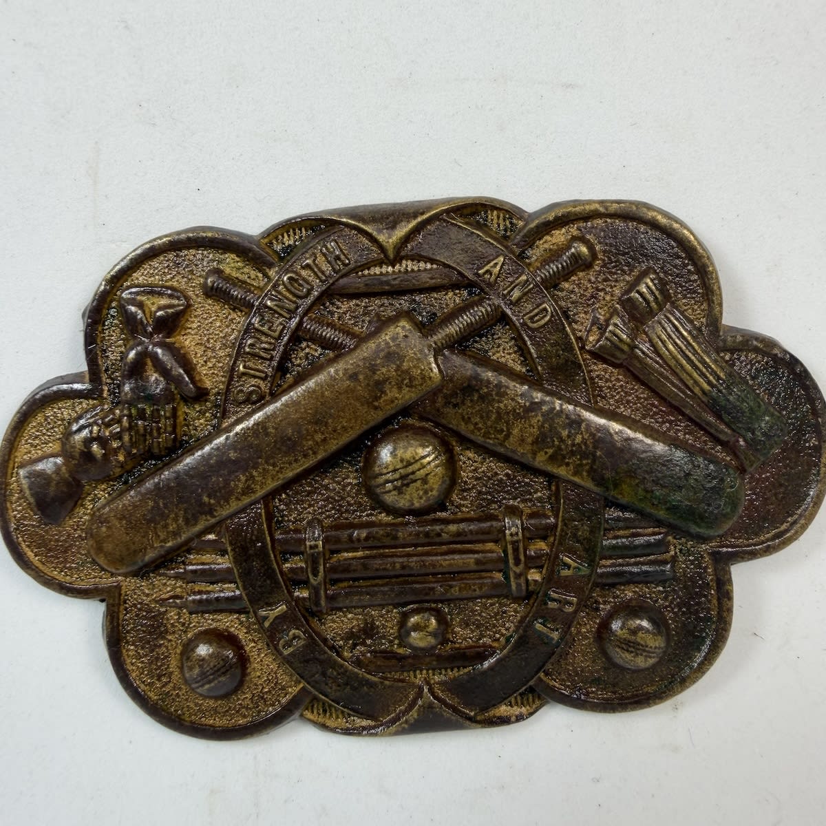 Cricket Belt Buckle / Sash Buckle. By Strength and Art. With Crossed bats, Gloves, Pads, Balls & Stumps. Nice heavy buckle with some original gilt finish.