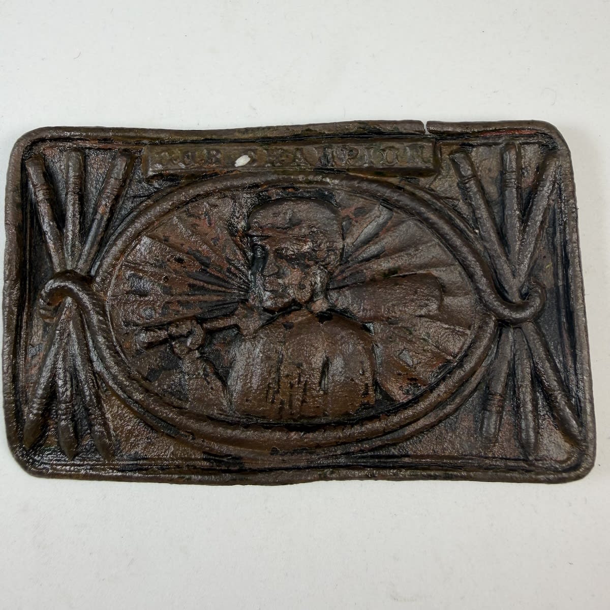 Cricket Belt Buckle / Sash Buckle. Our Champion. Cricketer with Bat over his shoulder. Two lots of stumps at either end.