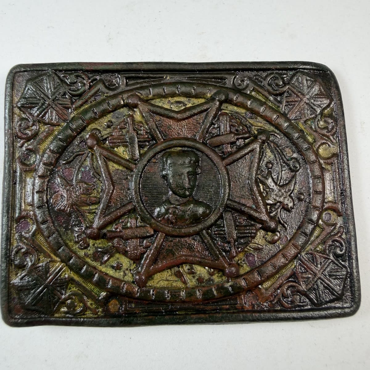 Cricket Belt Buckle / Sash Buckle. Victoria Cross? Cross with portrait of The Queen presumably in the middle. Union Jack shields to the corners. Crossed Cricket Bats & Stumps in four places amongst the Cross.
