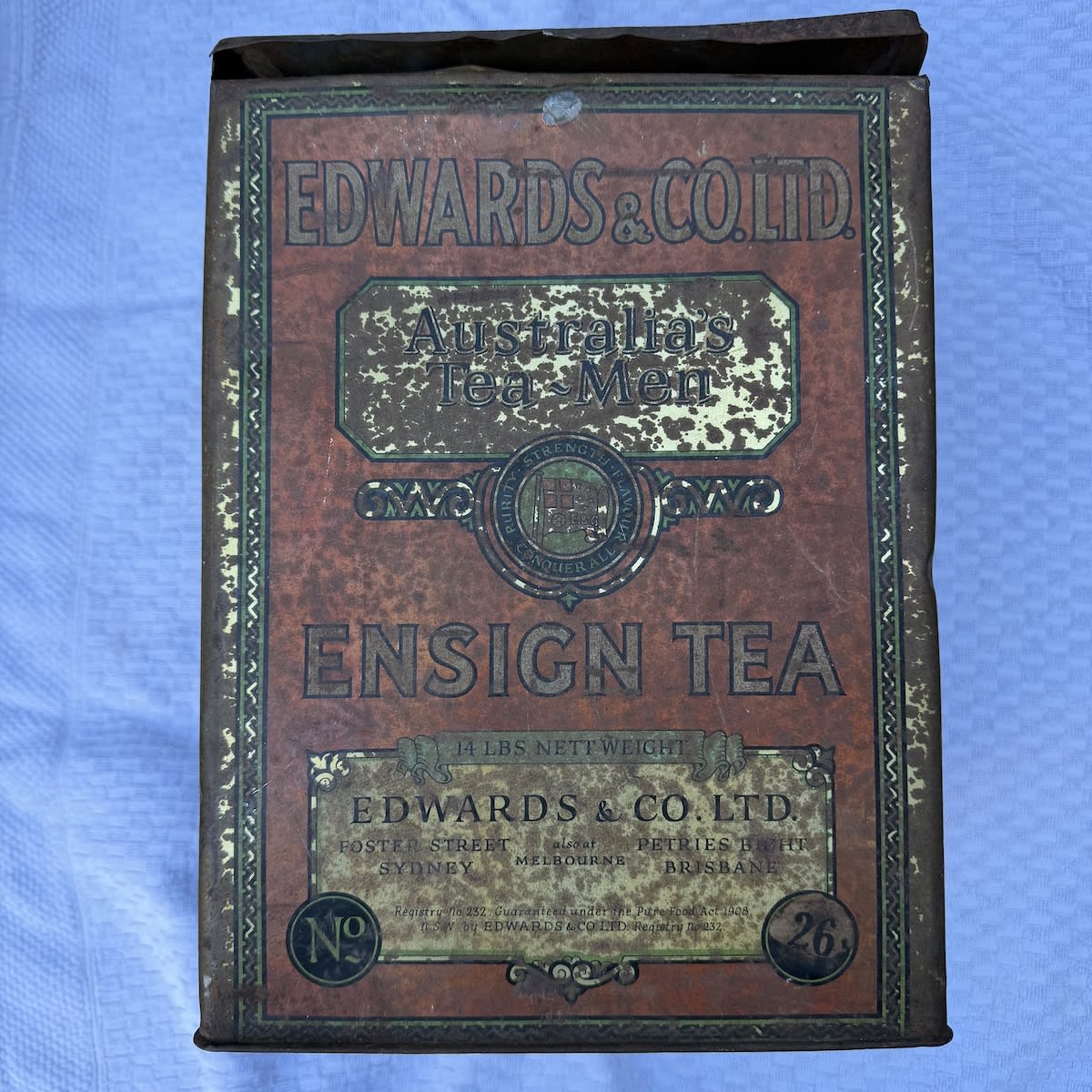 Large Tea Tin. Edwards & Co Ltd. Australia's Tea Men. Ensign Tea. Foster Street Sydney, Petries Bight Brisbane and also at Melbourne. 14 lbs.
