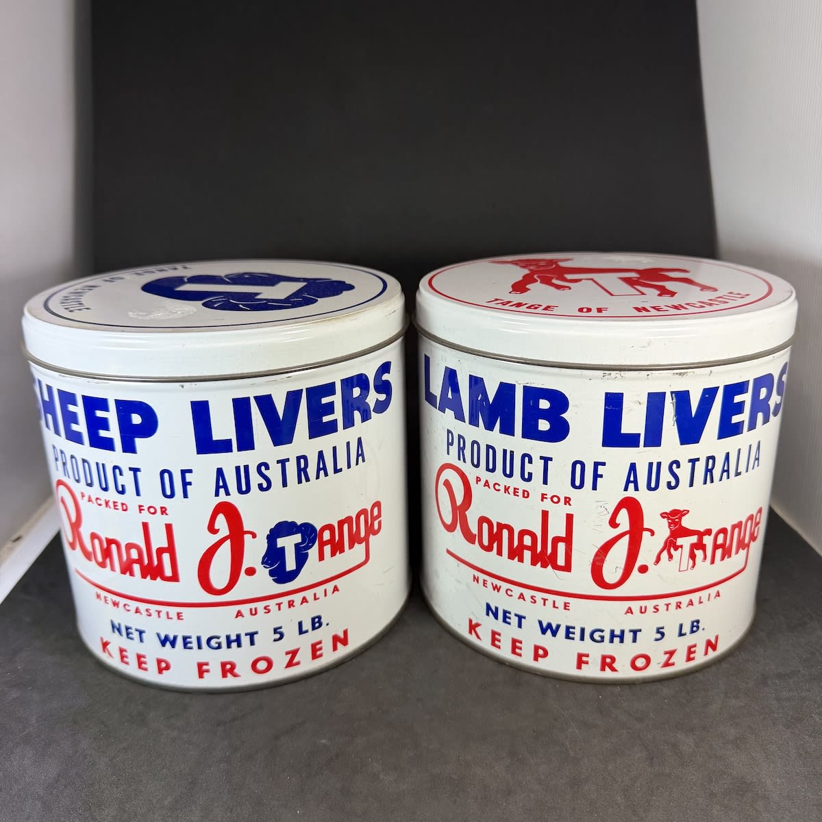 2 Tins. Sheep Livers & Lamb Livers, Ronald J. Tange Newcastle. 5 lbs each. (New South Wales)