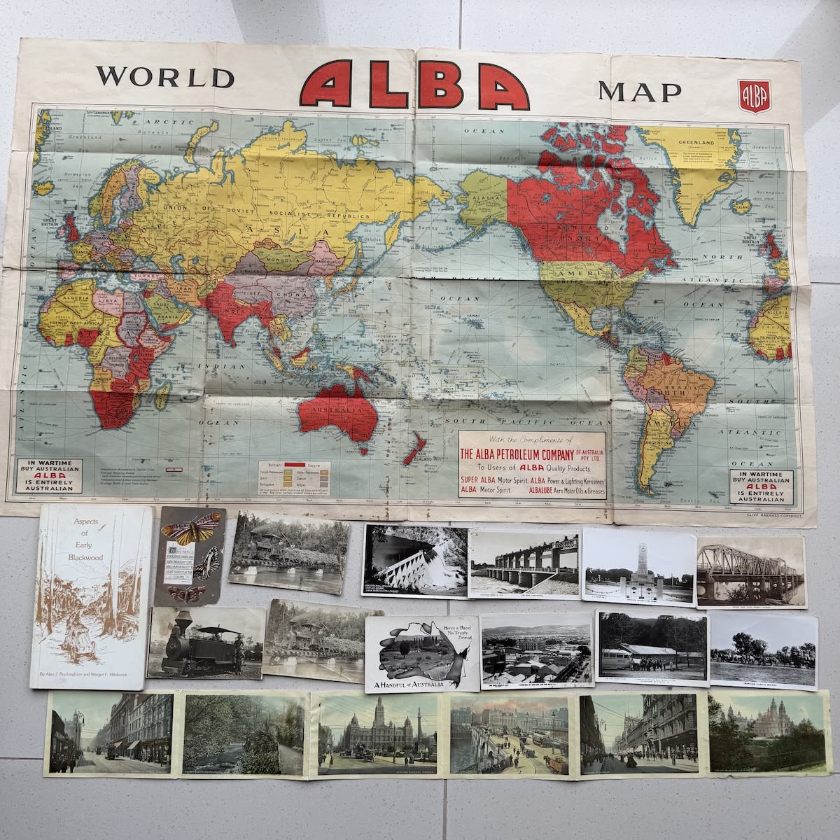 Ephemera Group. Alba Petroleum World Map; Postcards; Aspects of Early Blackwood book.