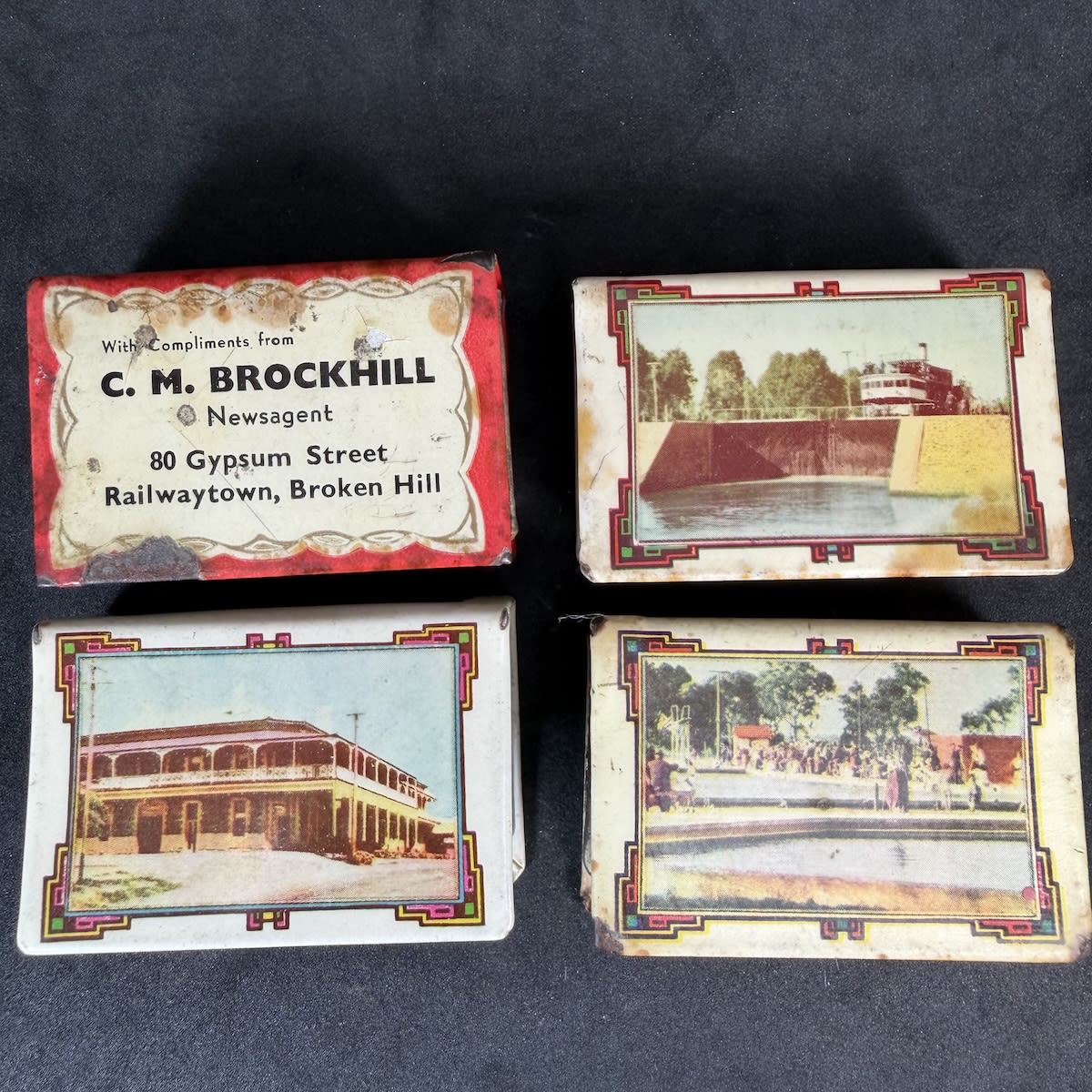 4 Matchbox Holders: C. M. Brockhill, Newsagent, Broken Hill; Souvenir of Mildura; Souvenir of Nuriootpa; Souvenir of Murray Bridge. (New South Wales, Victoria & South Australia)