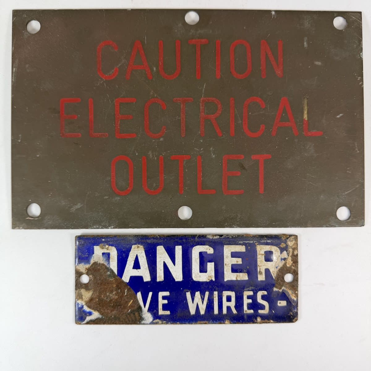 2 Small Signs: Brass etched "Caution Electrical Outlet" with red highlight; Danger Live Wires small enamel sign.