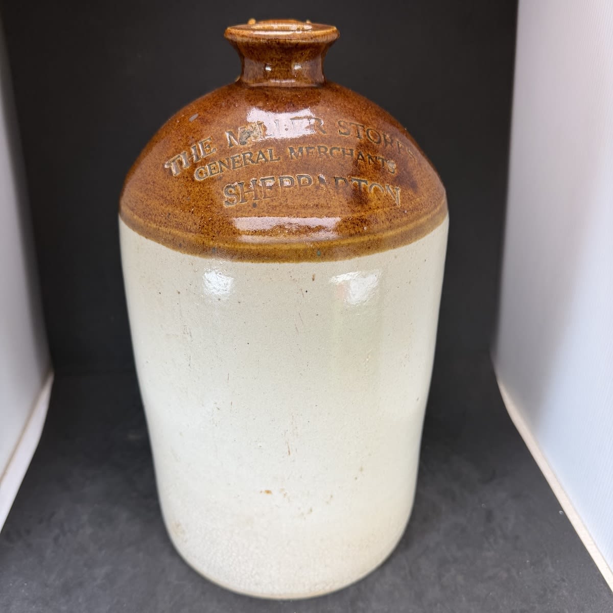 Demijohn. The Miller Stores, General Merchants, Shepparton. Bendigo Pottery. One Gallon. (Victoria)