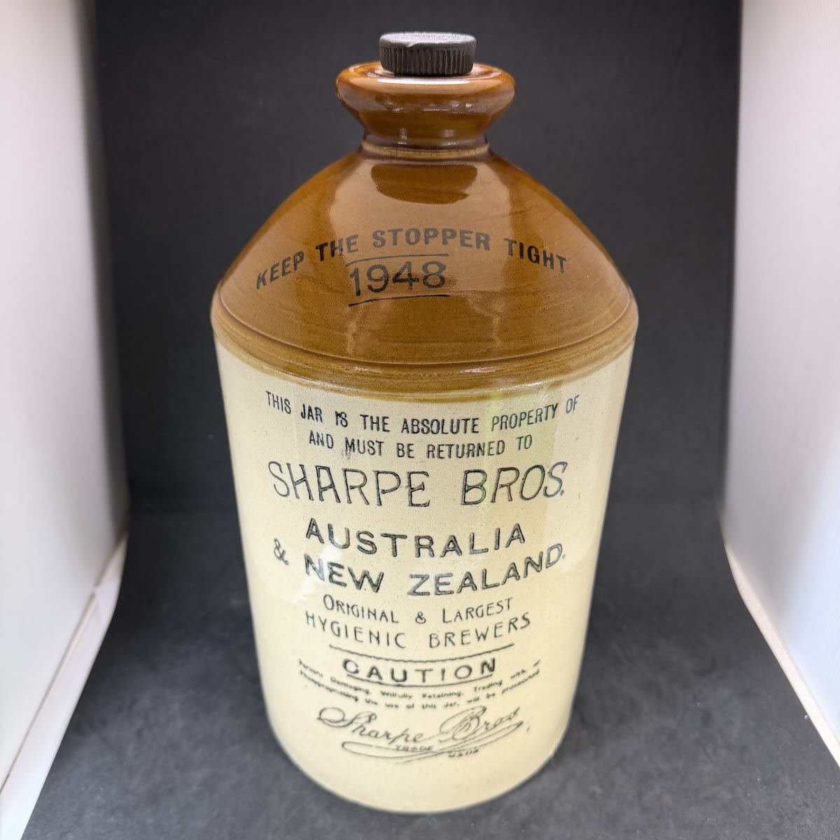 Demijohn. Sharpe Bros., Australia & New Zealand. Pearsons Chesterfield 1948. Internal Thread.