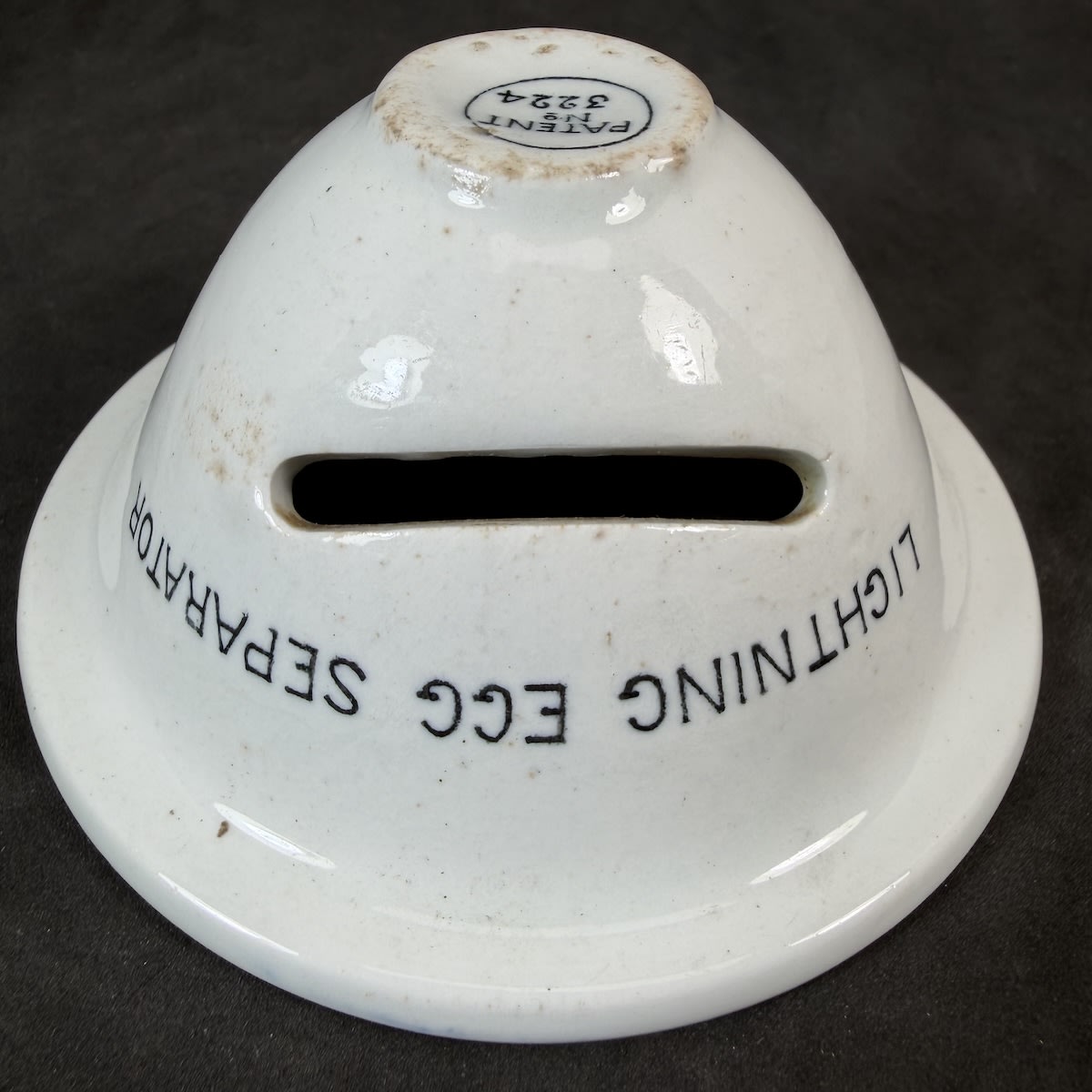 Household Item. Lightning Egg Separator. Patent No 3224. Black Print on white.