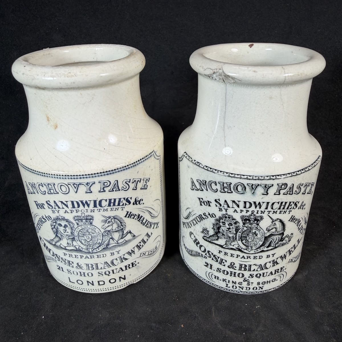 2 Variations of Crosse & Blackwell, Anchovy Paste, London. One with 21 Soho Square only and the other with 11 King St Soho added.