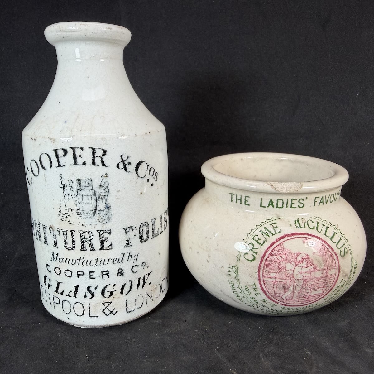 2 Printed Pots: Cooper & Co Furniture Polish; Creme Lucullus, The New Savoury Puree, The Ladies' Favourite.