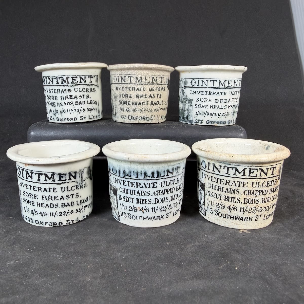 6 Holloways Ointment Pots: 4 x 533 Oxford St varieties; 2 x 113 Southwark St.