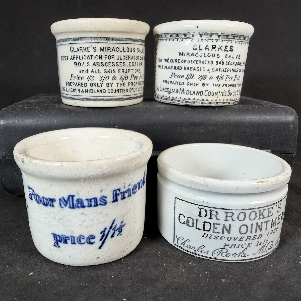 4 Ointment Pots: Poor Mans Friend; 2 x different Clarkes Miraculous Salve; Dr Rooke's Golden Ointment.